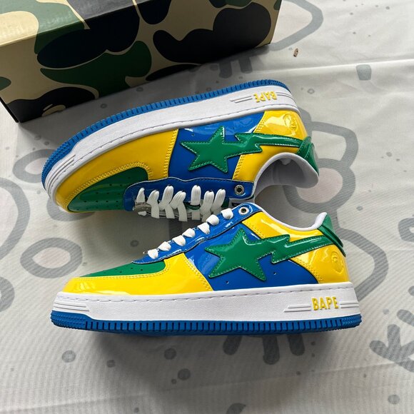 Bapesta Sk8 Dunk Yellow-Green Patent Leather Sports Casual Sneakers - Picture 4 of 8